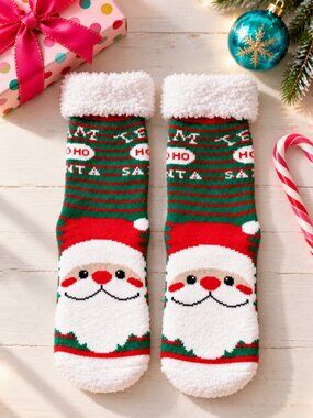 Santa Christmas Slipper Socks Sherpa Lined Grip Ho Ho Ho Red Green Striped